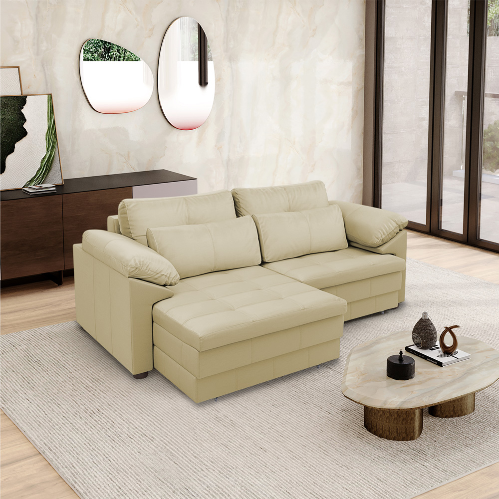 Sofá Retrátil Manual Sala de Estar Nolan Bipartido 250cm Conforto Premium em Couro Bege G58 - Gran Belo