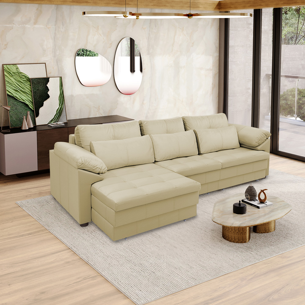 Sofá Retrátil Manual Sala de Estar Nolan Bipartido 257cm Conforto Premium em Couro Bege G58 - Gran Belo