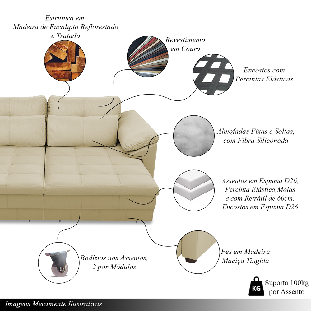 Sofá Retrátil Manual Sala de Estar Nolan Bipartido 257cm Conforto Premium em Couro Bege G58 - Gran Belo