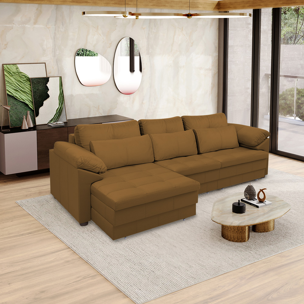 Sofá Retrátil Manual Sala de Estar Nolan Bipartido 257cm Conforto Premium em Couro Mel G58 - Gran Belo