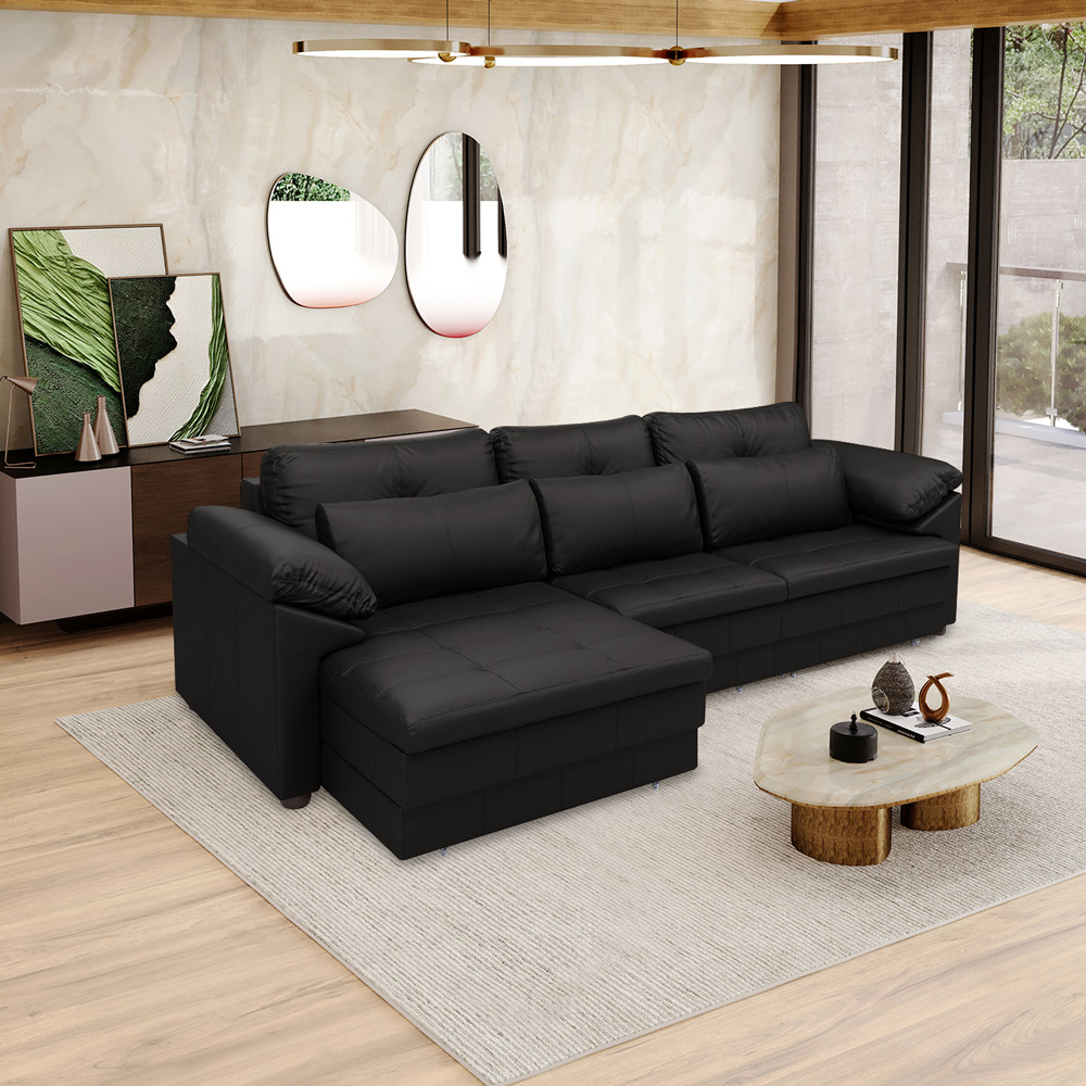 Sofá Retrátil Manual Sala de Estar Nolan Bipartido 257cm Conforto Premium em Couro Preto Brilho G58 - Gran Belo