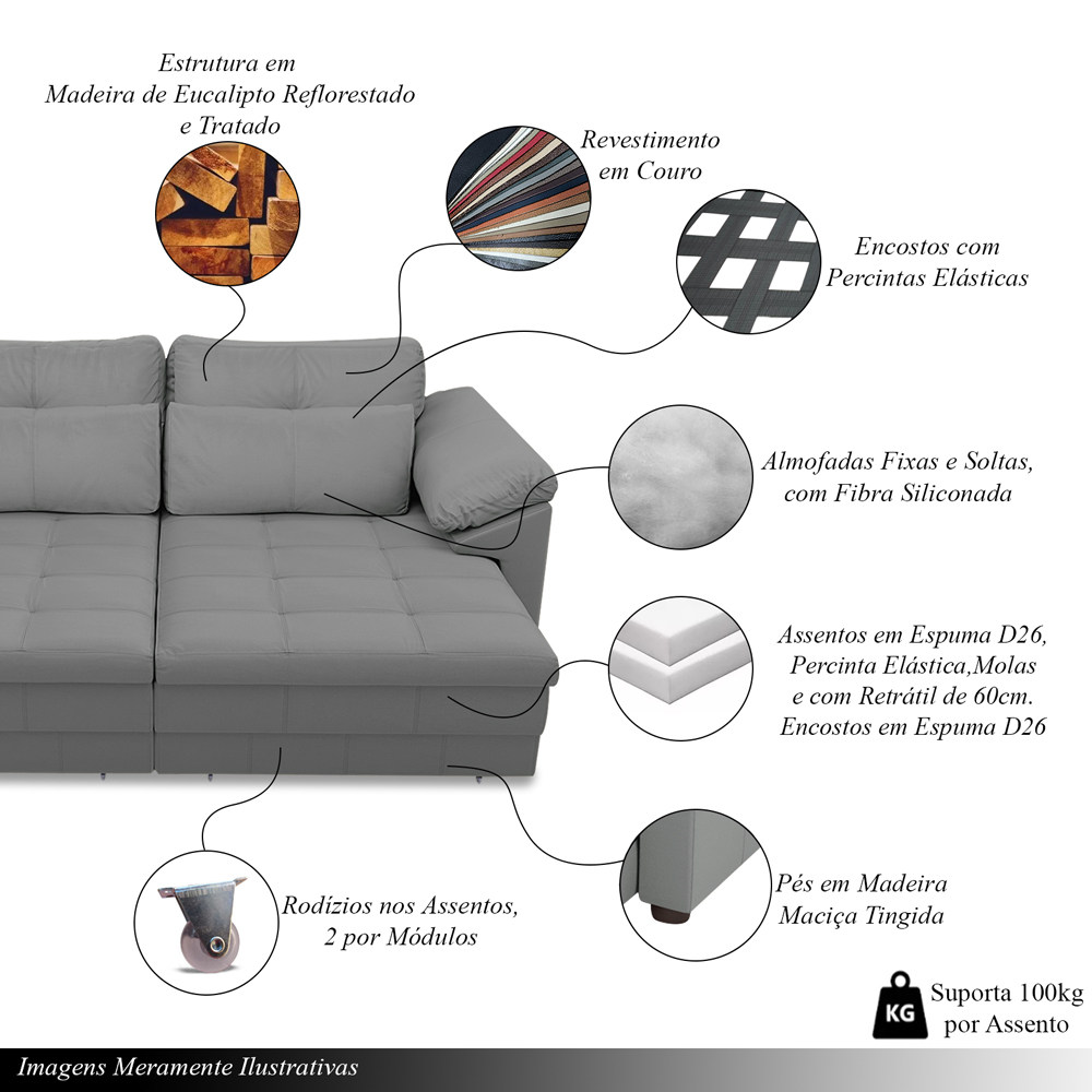 Sofá Retrátil Manual Sala de Estar Nolan Bipartido 297cm Conforto Premium em Couro Cinza G58 - Gran Belo