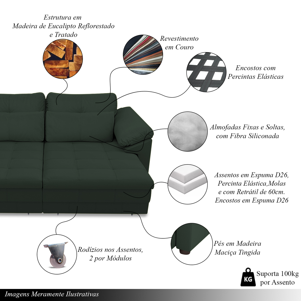 Sofá Retrátil Manual Sala de Estar Nolan Bipartido 297cm Conforto Premium em Couro Verde G58 - Gran Belo