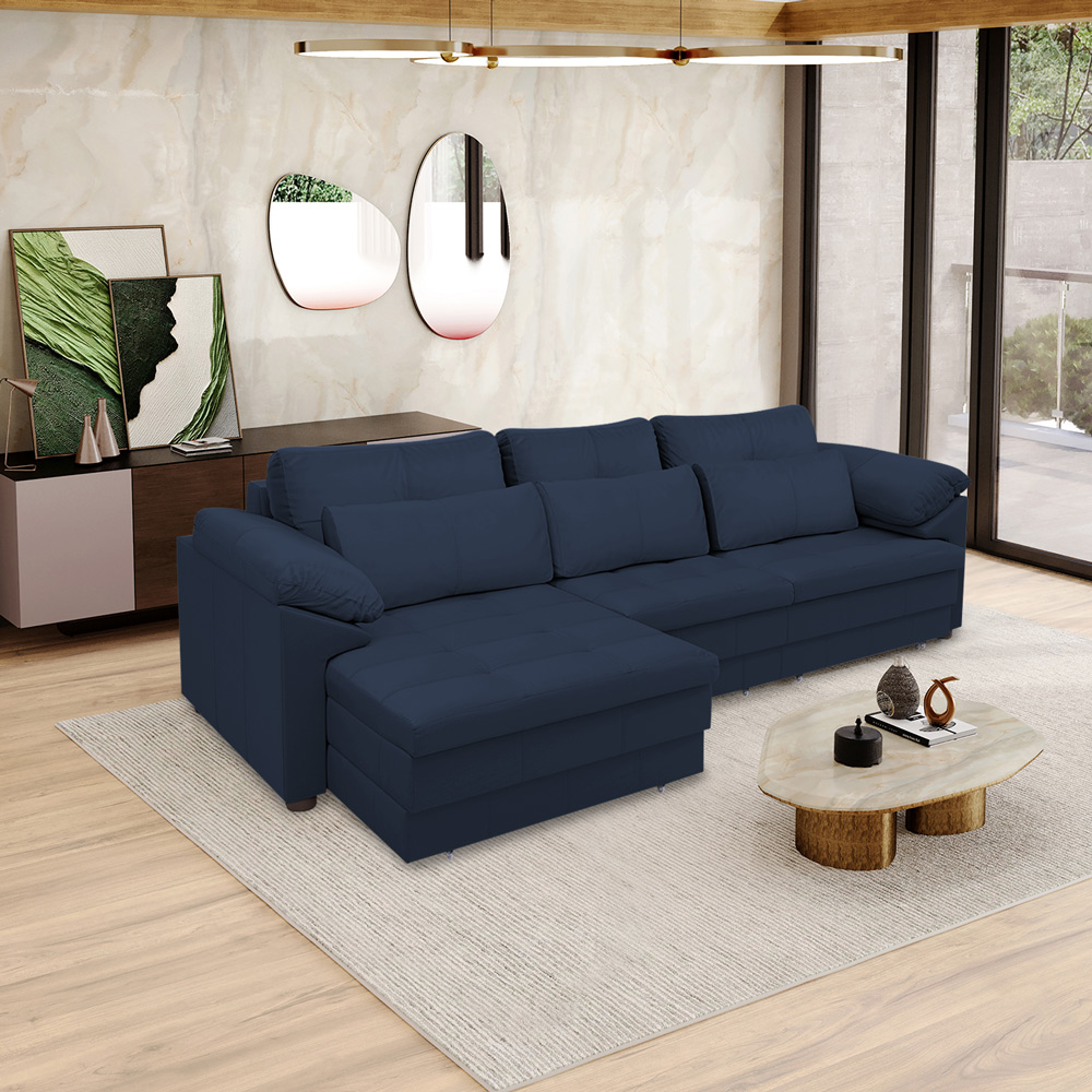 Sofá Retrátil Manual Sala de Estar Nolan Bipartido 332cm Conforto Premium em Couro Azul Marinho G58 - Gran Belo