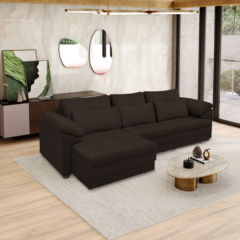 Sofá Retrátil Manual Sala de Estar Nolan Bipartido 332cm Conforto Premium em Couro Marrom G58 - Gran Belo