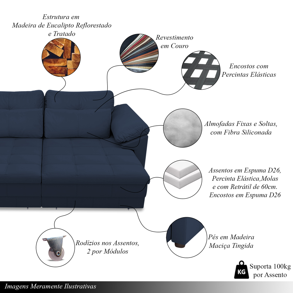 Sofá Retrátil Manual Sala de Estar Nolan Bipartido 339cm Conforto Premium em Couro Azul Marinho G58 - Gran Belo