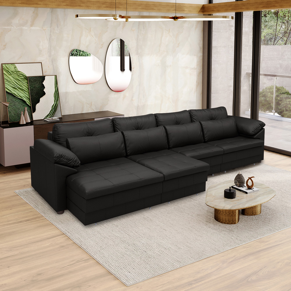 Sofá Retrátil Manual Sala de Estar Nolan Bipartido 379cm Conforto Premium em Couro Preto Brilho G58 - Gran Belo