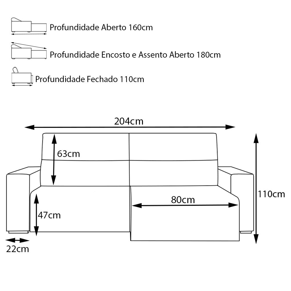 Sofá Retrátil Reclinável 3 Lugares Sala de Estar 204cm Russo Couro Preto - Gran Belo