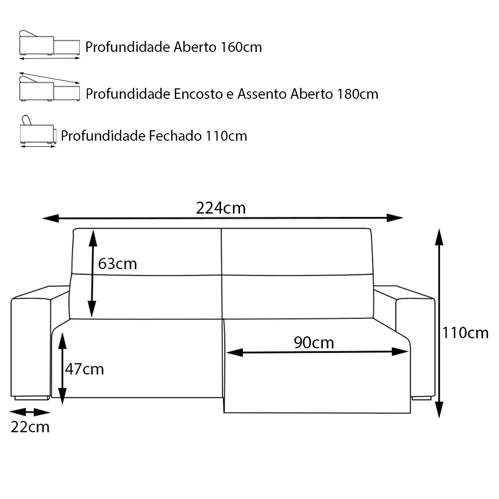 Sofá Retrátil Reclinável 3 Lugares Sala de Estar 224cm Russo Couro Preto G52 - Gran Belo