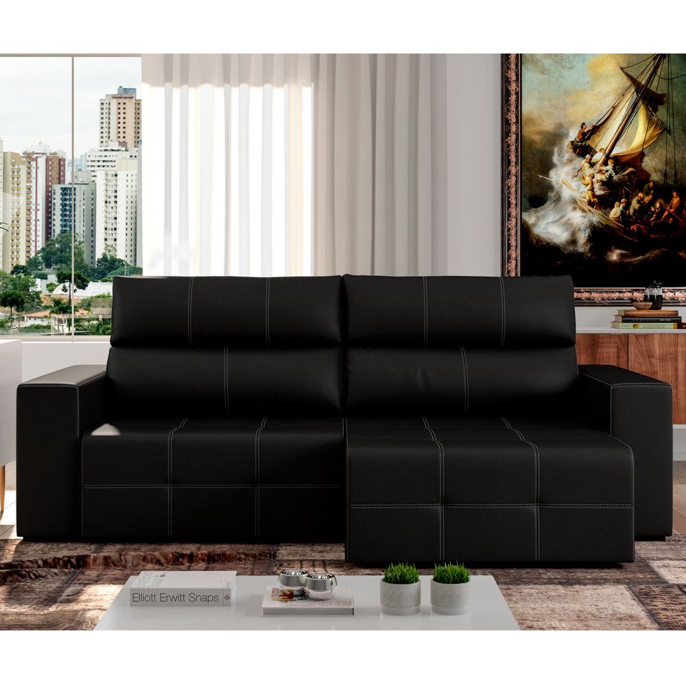 Sofá Retrátil Reclinável 3 Lugares Sala de Estar 244cm Russo Couro Preto G52 - Gran Belo