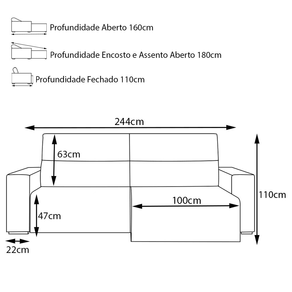 Sofá Retrátil Reclinável 3 Lugares Sala de Estar 244cm Russo Couro Preto G52 - Gran Belo