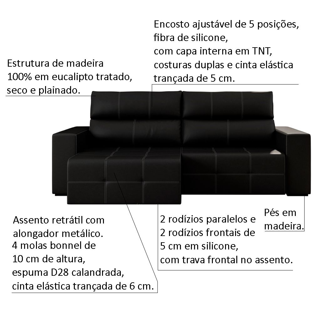 Sofá Retrátil Reclinável 3 Lugares Sala de Estar 244cm Russo Couro Preto G52 - Gran Belo