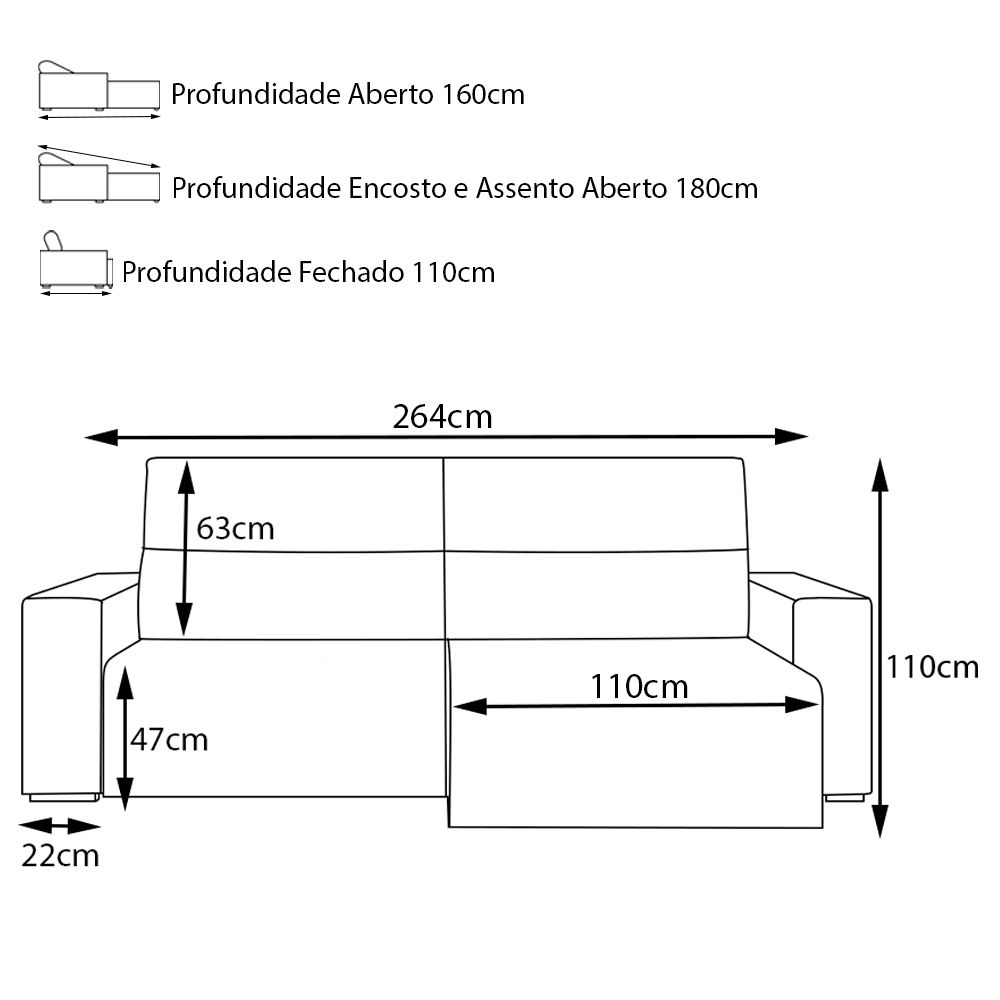Sofá Retrátil Reclinável 4 Lugares Sala de Estar 264cm Russo Couro Preto G52 - Gran Belo