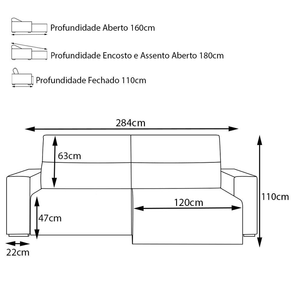 Sofá Retrátil Reclinável 4 Lugares Sala de Estar 284cm Russo Couro Preto G52 - Gran Belo