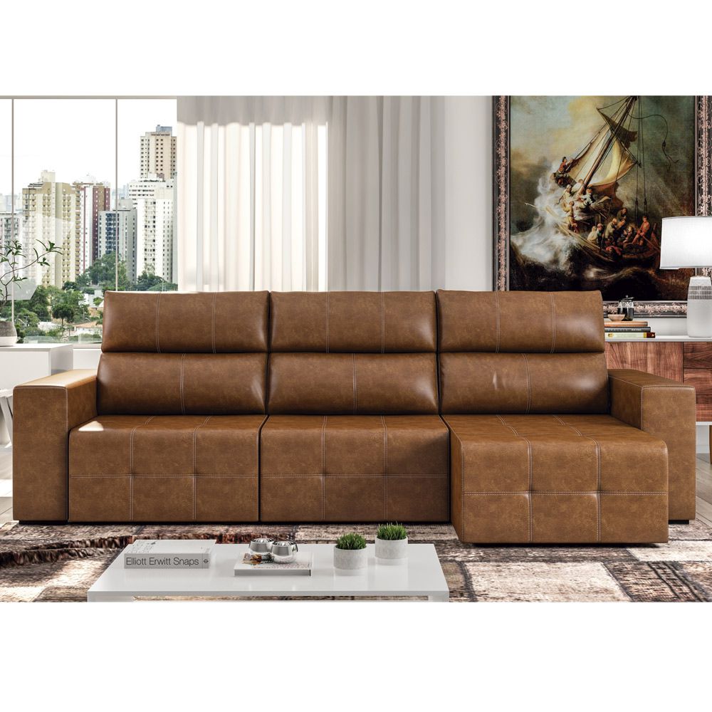 Sofá Retrátil Reclinável 5 Lugares Sala de Estar 314cm Russo Couro Caramelo G52 - Gran Belo