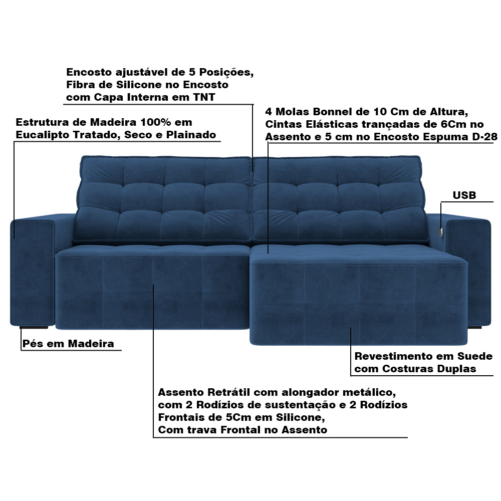 Sofá Retrátil com USB 274cm Elliot Suede Azul Marinho G52 - Gran Belo