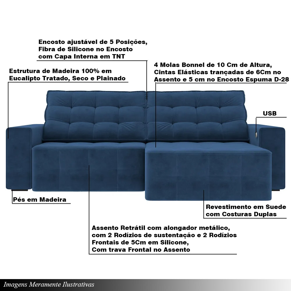 Sofá Retrátil e Reclinável 274cm com USB Elliot Suede Azul Marinho G52 - Gran Belo