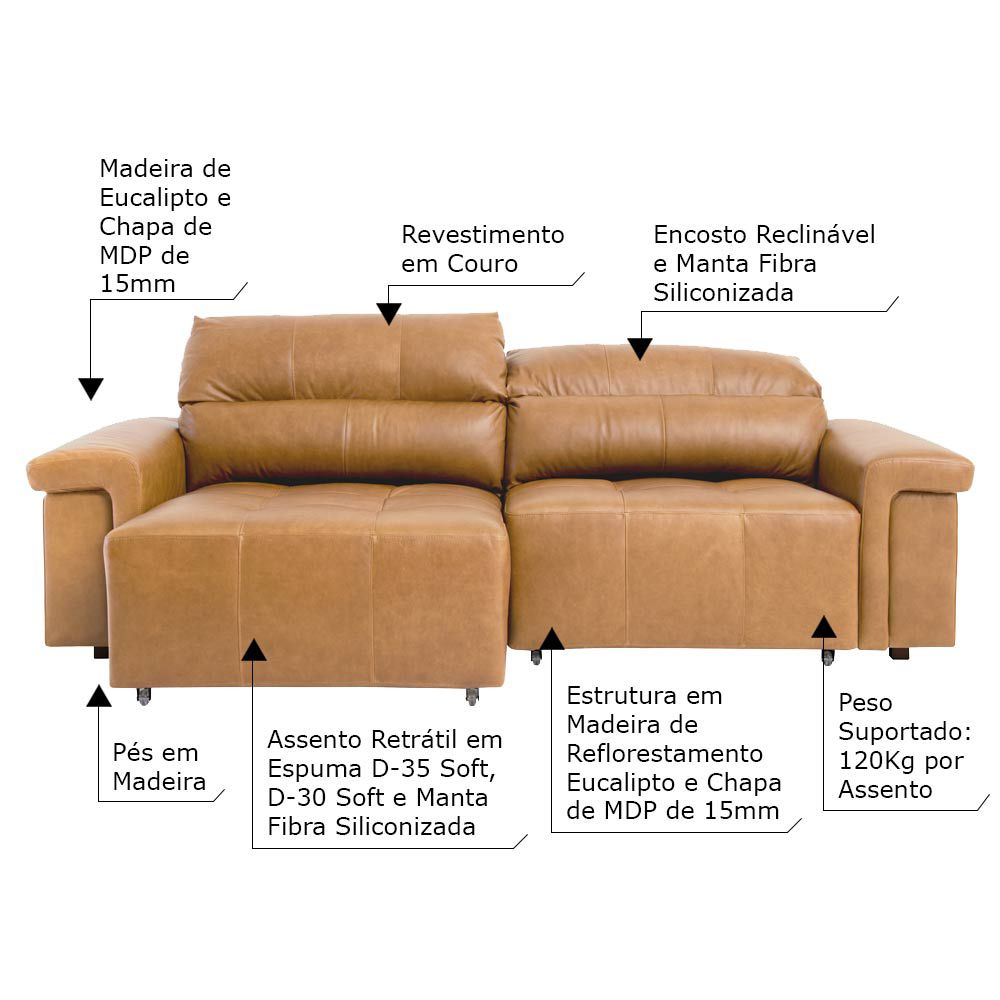 Sofá Retrátil e Reclinável 3 Lugares Maitê 226 cm Couro Camel G43 - Gran Belo