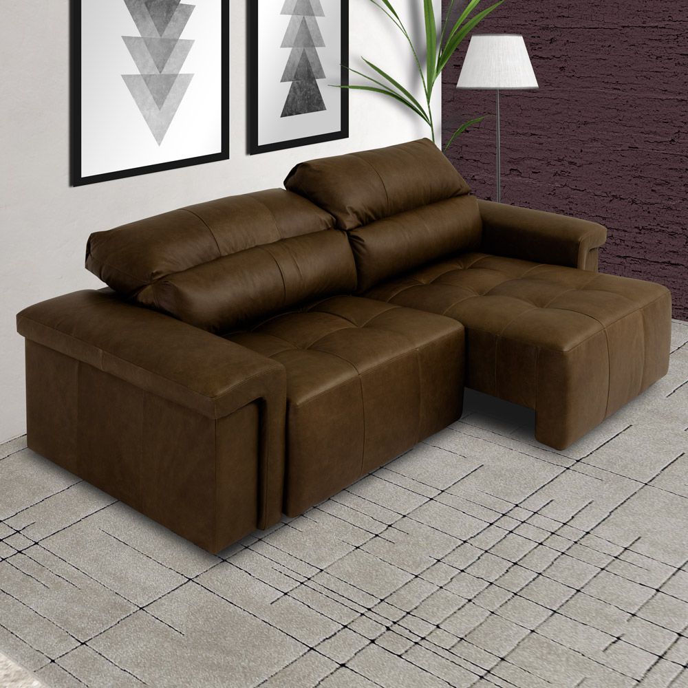 Sofá Retrátil e Reclinável 3 Lugares Maitê 226 cm Couro Castanho G43 - Gran Belo