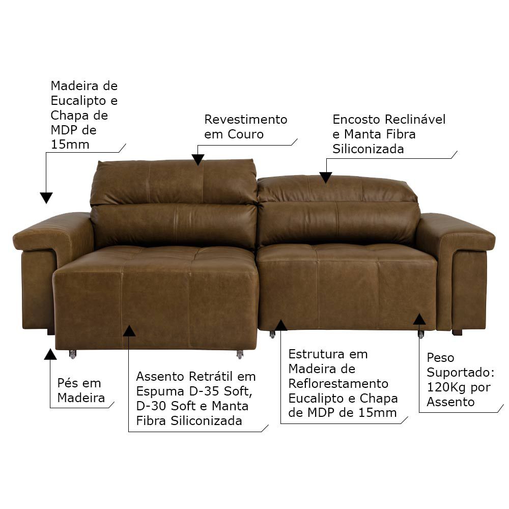 Sofá Retrátil e Reclinável 3 Lugares Maitê 226 cm Couro Castanho G43 - Gran Belo