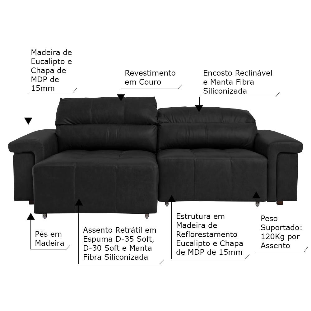 Sofá Retrátil e Reclinável 3 Lugares Maitê 226 cm Couro Preto G43 - Gran Belo