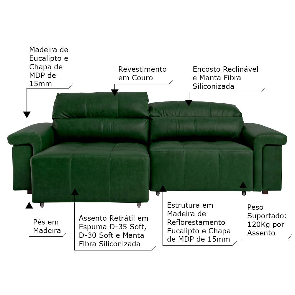 Sofá Retrátil e Reclinável 3 Lugares Maitê 226 cm Couro Verde G43 - Gran Belo