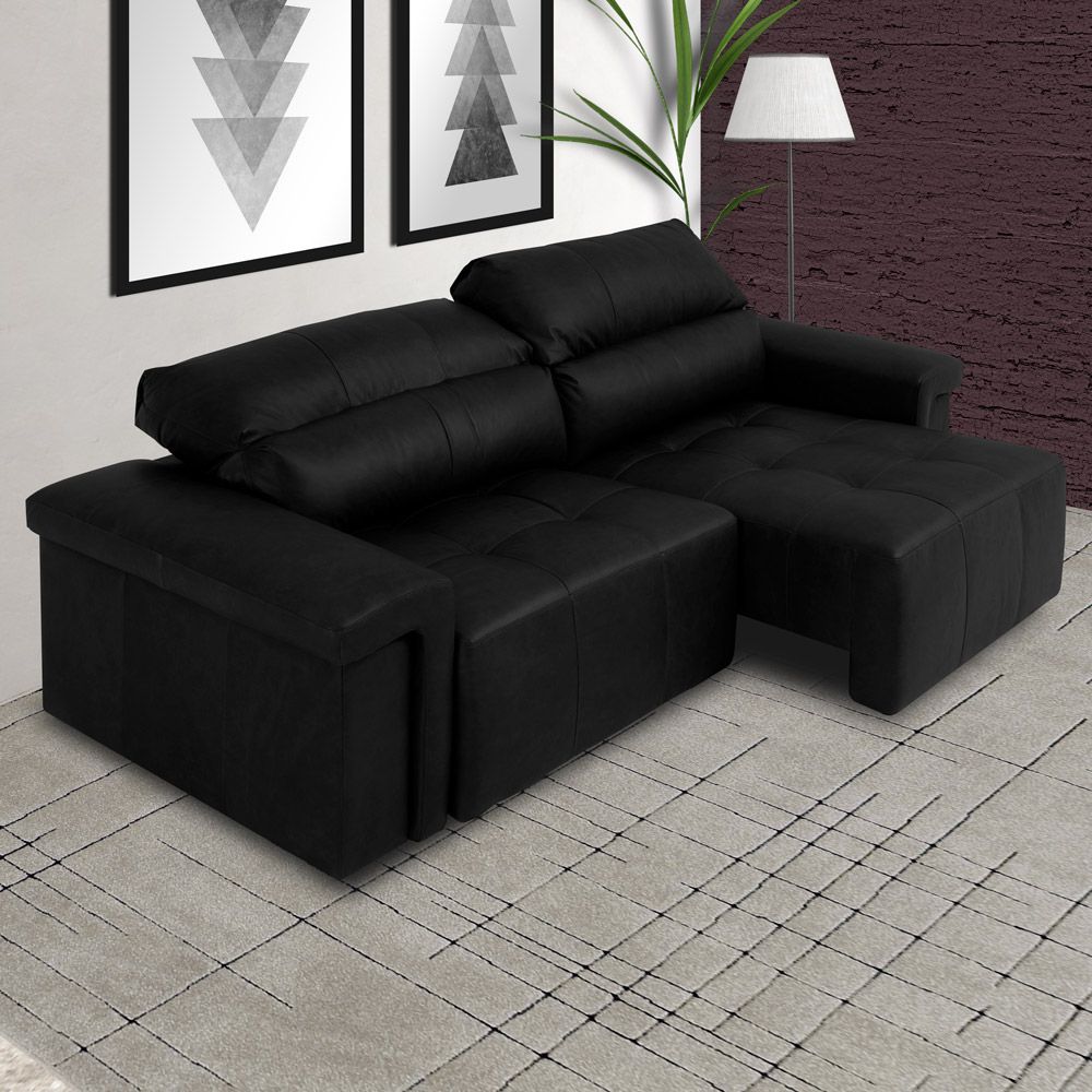 Sofá Retrátil e Reclinável 4 Lugares Maitê 256 cm Couro Preto G43 - Gran Belo