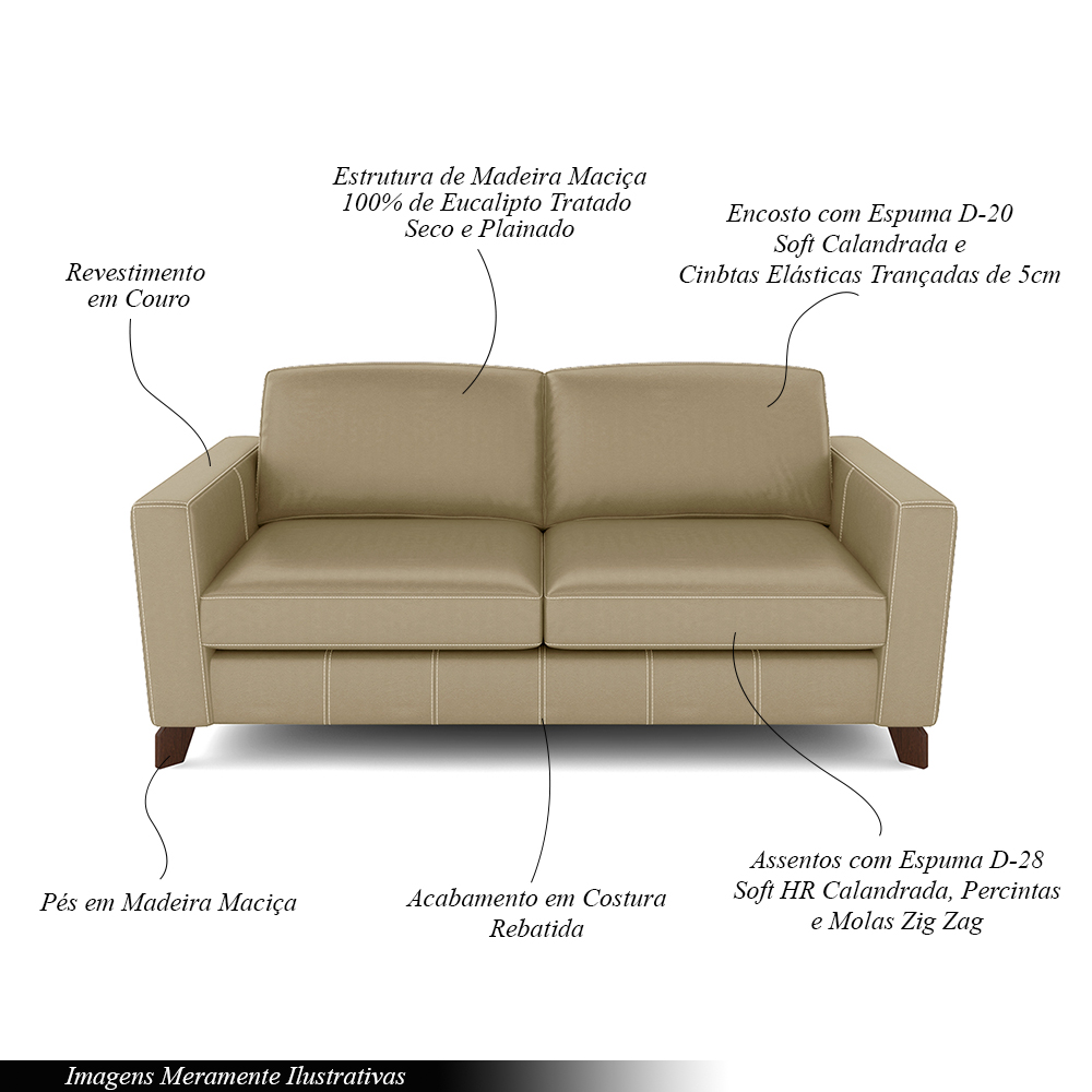 Sofá Sala de Estar Living 3 Lugares 200cm Presley Pés Madeira Couro Bege G52 - Gran Belo
