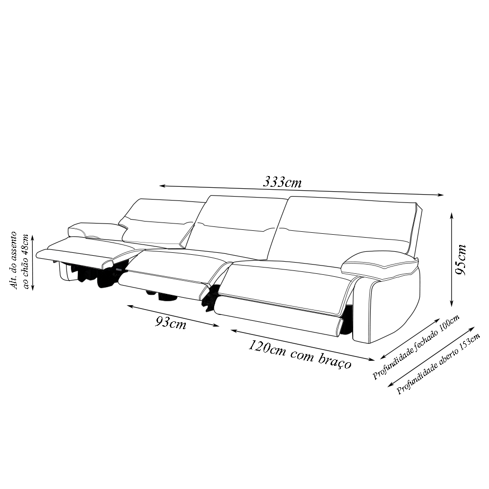 Sofá Sala de Estar Reclinável Retrátil 333cm Swift Linho Braque Cinza G81 - Gran Belo