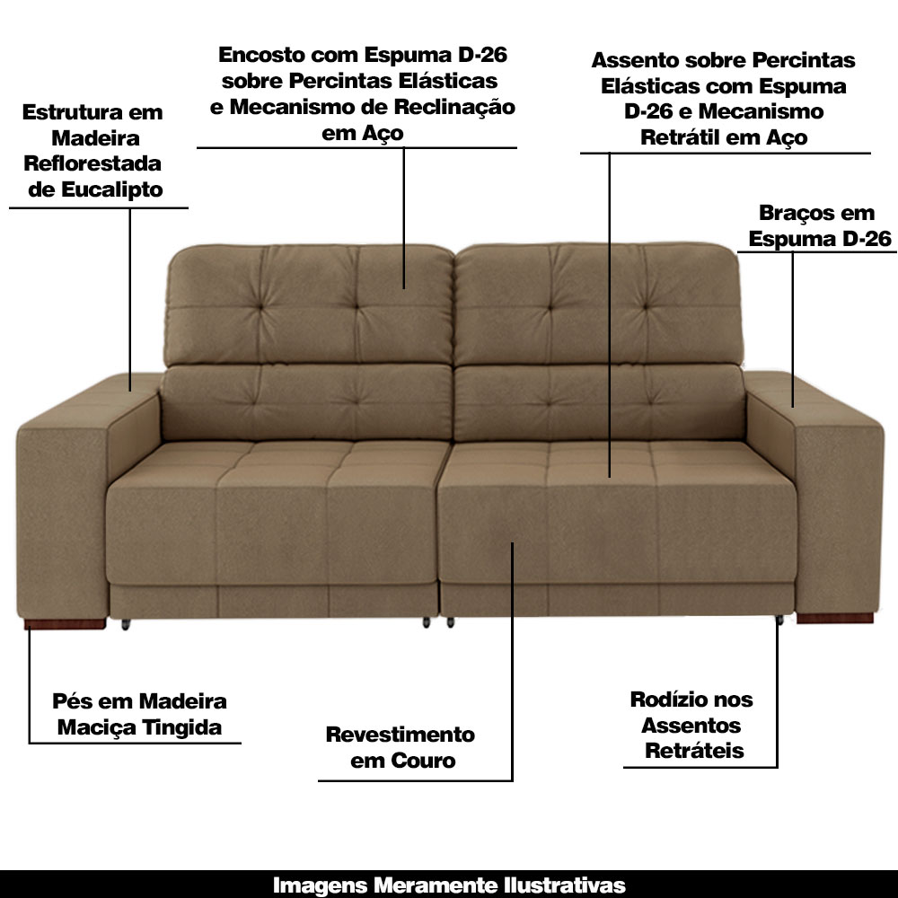 Sofá Sala de Estar Retrátil e Reclinável 3 Lugares Lisboa 210cm Couro Bege G58 - Gran Belo