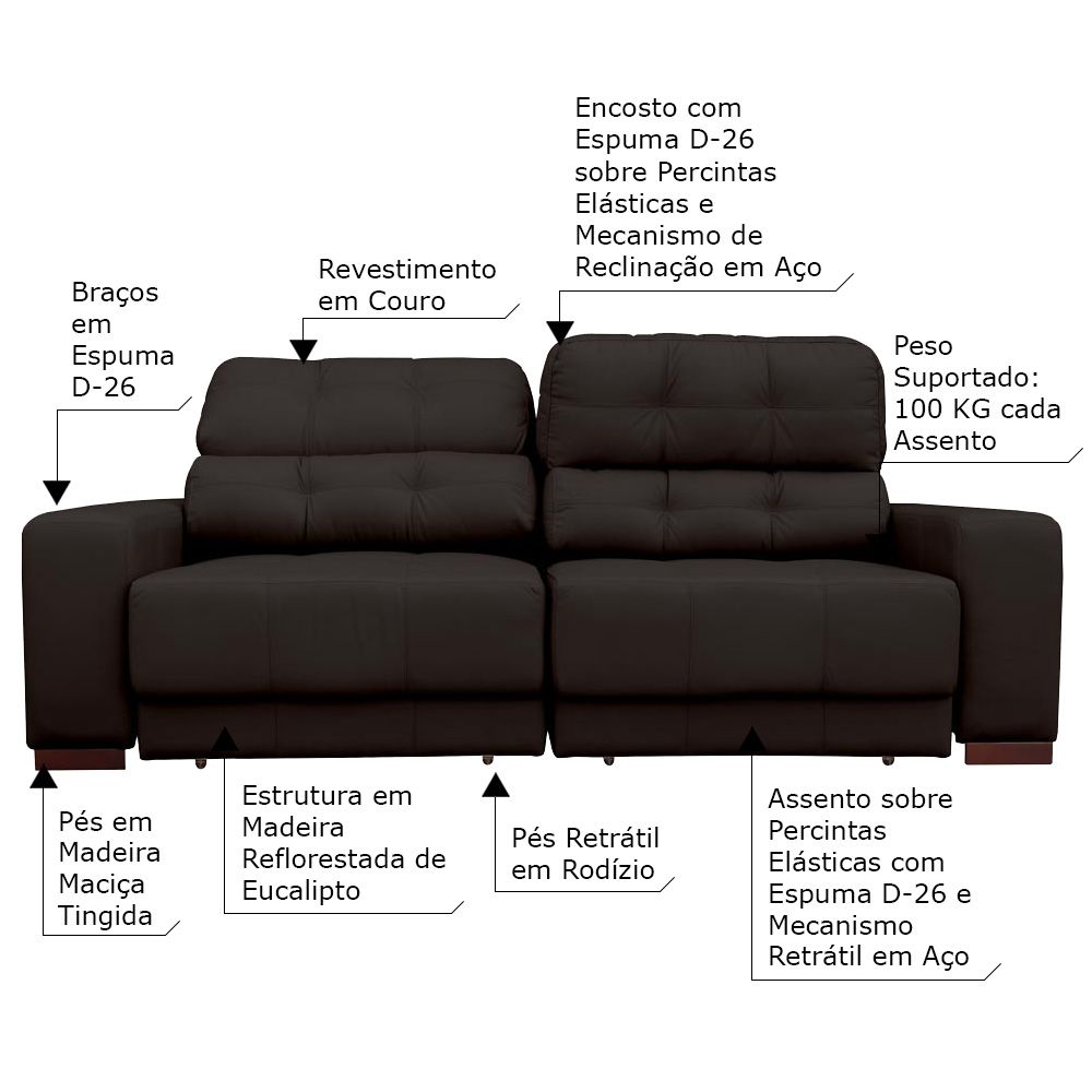 Sofá Sala de Estar Retrátil e Reclinável 3 Lugares Lisboa 210cm Couro Marrom G58 - Gran Belo