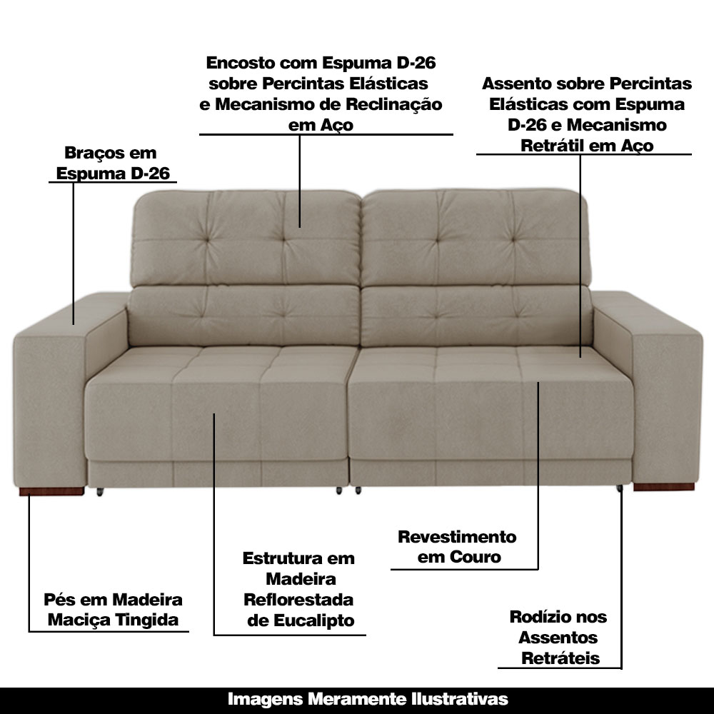 Sofá Sala de Estar Retrátil e Reclinável 3 Lugares Lisboa 210cm Couro Off White G58 - Gran Belo