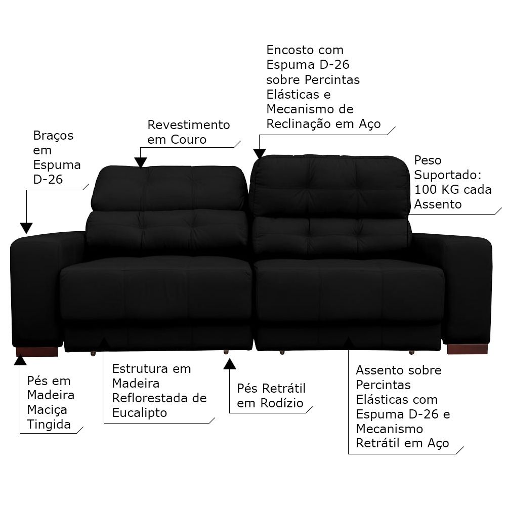 Sofá Sala de Estar Retrátil e Reclinável 3 Lugares Lisboa 210cm Couro Preto G58 - Gran Belo