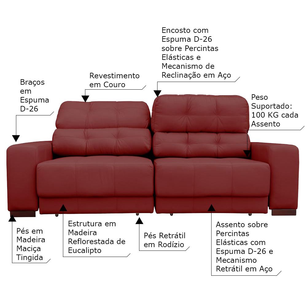 Sofá Sala de Estar Retrátil e Reclinável 3 Lugares Lisboa 210cm Couro Vermelho G58 - Gran Belo