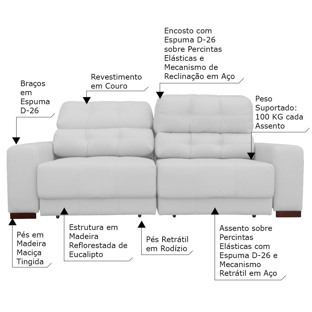 Sofá Sala de Estar Retrátil e Reclinável 3 Lugares Lisboa 230cm Couro Branco G58 - Gran Belo