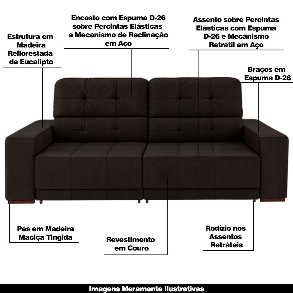 Sofá Sala de Estar Retrátil e Reclinável 3 Lugares Lisboa 230cm Couro Marrom G58 - Gran Belo