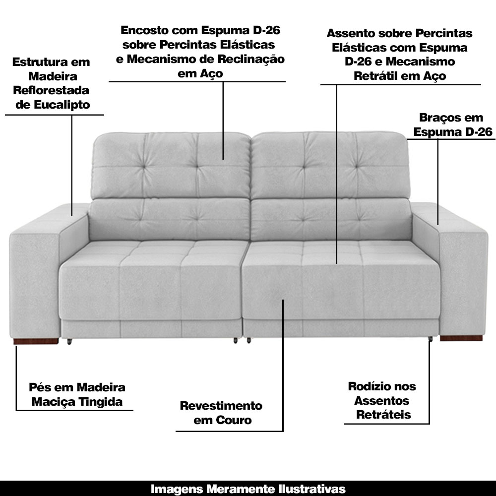 Sofá Sala de Estar Retrátil e Reclinável 4 Lugares Lisboa 250cm Couro Branco G58 - Gran Belo