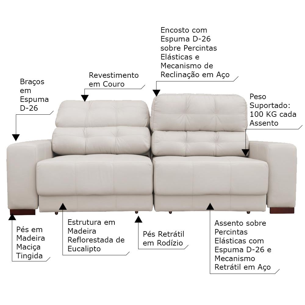 Sofá Sala de Estar Retrátil e Reclinável 4 Lugares Lisboa 250cm Couro Off White G58 - Gran Belo