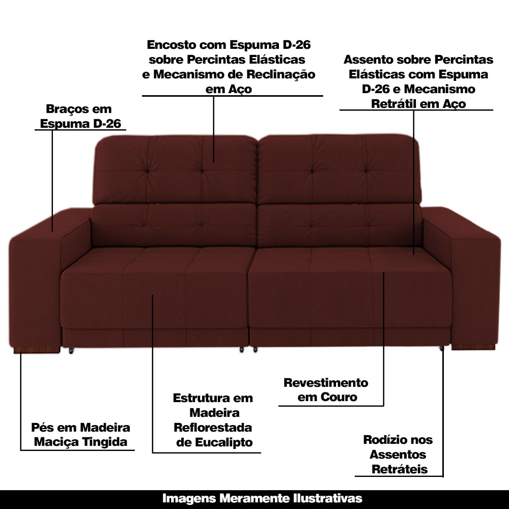 Sofá Sala de Estar Retrátil e Reclinável 4 Lugares Lisboa 250cm Couro Vermelho G58 - Gran Belo