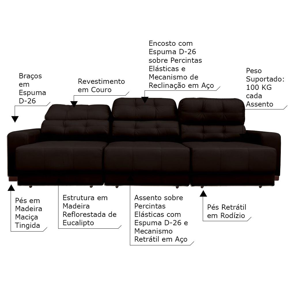 Sofá Sala de Estar Retrátil e Reclinável 5 Lugares Lisboa 320cm Couro Marrom - Gran Belo