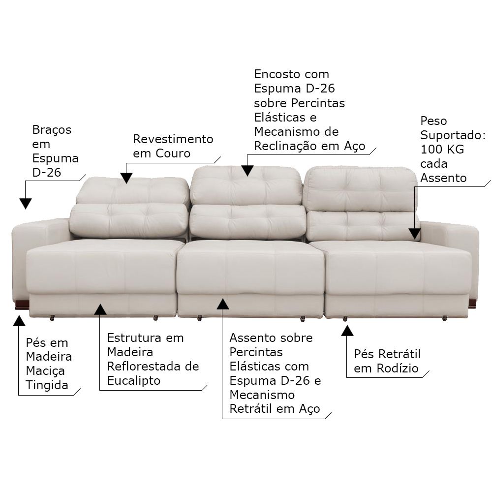 Sofá Sala de Estar Retrátil e Reclinável 5 Lugares Lisboa 320cm Couro Off White G58 - Gran Belo