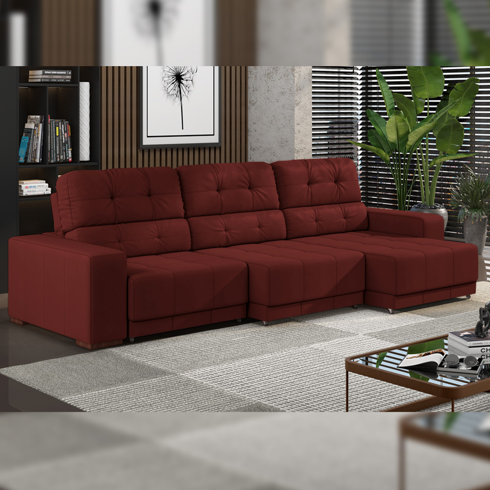 Sofá Sala de Estar Retrátil e Reclinável 5 Lugares Lisboa 350cm Couro Vermelho G58 - Gran Belo