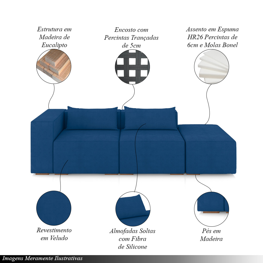 Sofá Versátil Sala de Estar Atlanta 318cm Modulado Veludo Azul G52 - Gran Belo