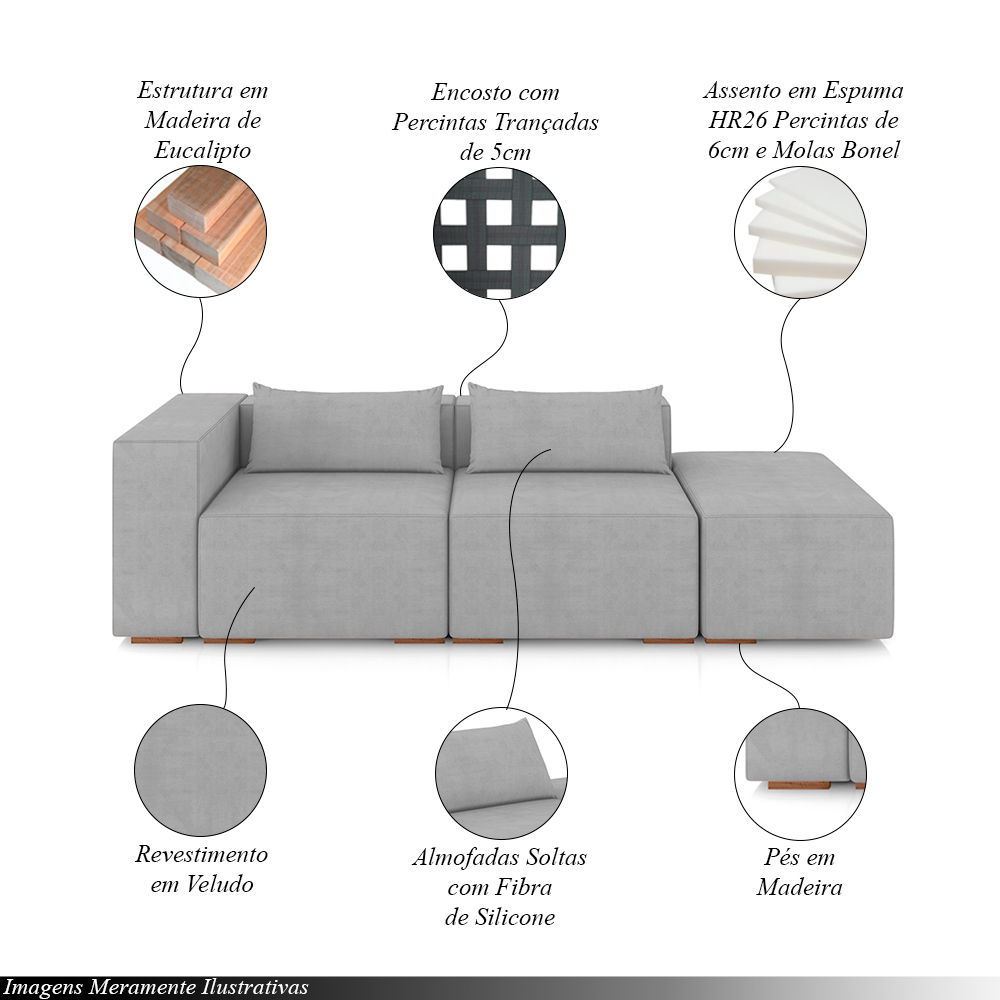 Sofá Versátil Sala de Estar Atlanta 318cm Modulado Veludo Cinza G52 - Gran Belo