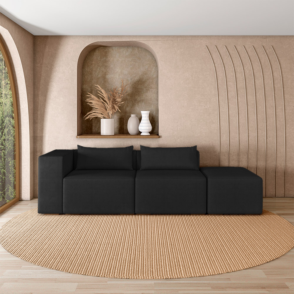 Sofá Versátil Sala de Estar Atlanta 318cm Modulado Veludo Preto G52 - Gran Belo