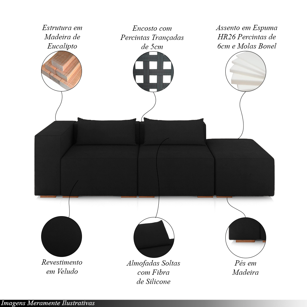 Sofá Versátil Sala de Estar Atlanta 318cm Modulado Veludo Preto G52 - Gran Belo