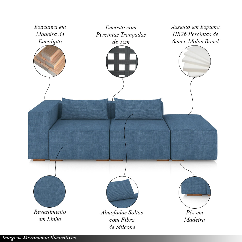 Sofá Versátil Sala de Estar Atlanta 338cm Modulado Linho Azul G52 - Gran Belo