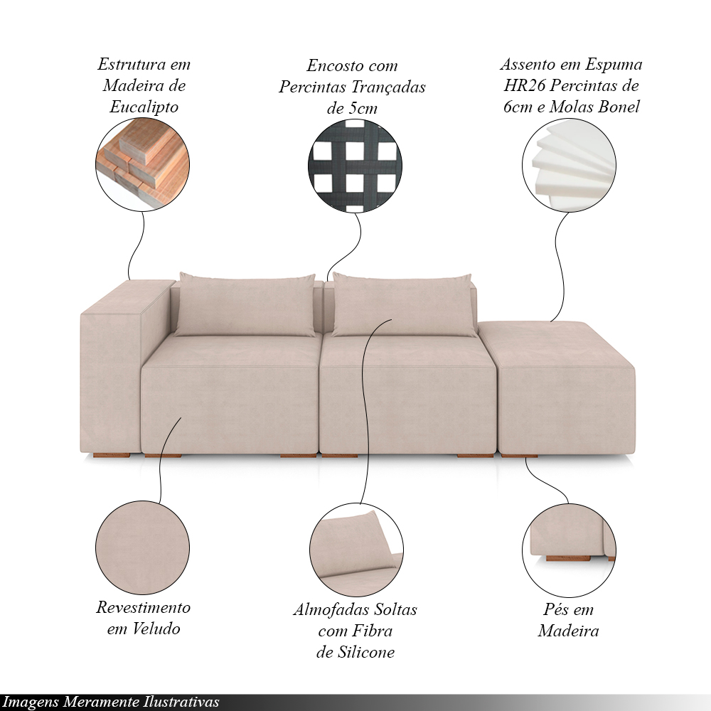 Sofá Versátil Sala de Estar Atlanta 358cm Modulado Veludo Bege G52 - Gran Belo