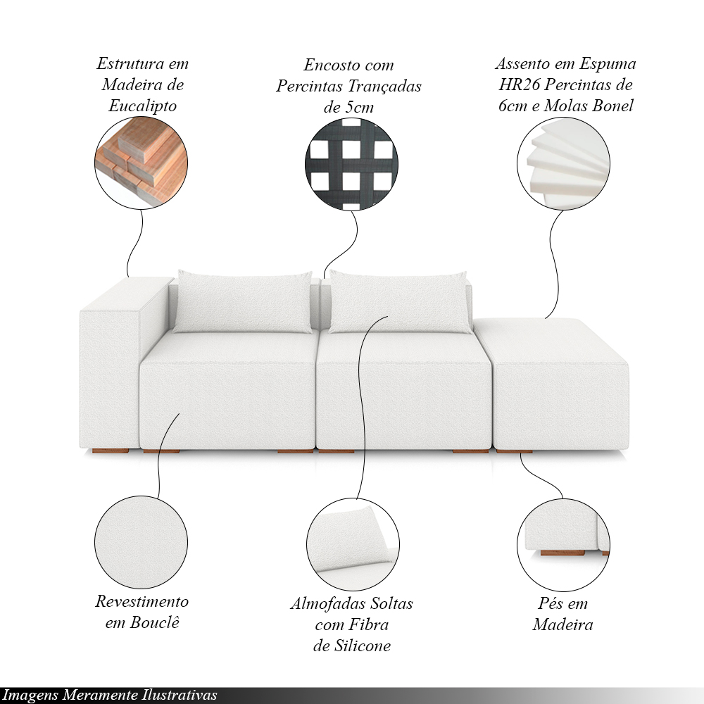 Sofá Versátil Sala de Estar Atlanta 378cm Modulado Bouclê Branco G52 - Gran Belo