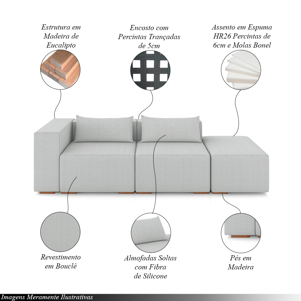 Sofá Versátil Sala de Estar Atlanta 378cm Modulado Bouclê Cinza G52 - Gran Belo
